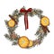 Modern door decoration wreath with dried fruits, cinnamon, star anise, red bow hand-drawn illustration. New Year Eve, Noel winter