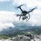 Modern drone flies in the mountains.