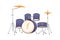 Modern drum kit or set. Percussion music instrument with metal hi-hats, cymbals and toms. Realistic flat cartoon vector