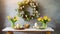 A modern Easter table decoration with a floral Easter wreath hanging on the wall