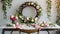 A modern Easter table decoration with a floral Easter wreath hanging on the wall