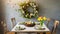 A modern Easter table decoration with a floral Easter wreath hanging on the wall
