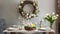 A modern Easter table decoration with a floral Easter wreath hanging on the wall