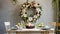 A modern Easter table decoration with a floral Easter wreath hanging on the wall