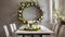 A modern Easter table decoration with a floral Easter wreath hanging on the wall