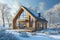 Modern eco friendly passive house with solar panels on the gable roof, in winter landscape