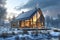 Modern eco friendly passive house with solar panels on the gable roof, in winter landscape