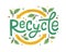 Modern eco sticker with recycle sign, arrows and leaves. Concept of ecology, zero waste and sustainability. Colored flat