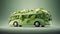 Modern electric bus with green leaves and plants. Bus ecology, eco transport, renewable and clean energy concept