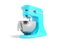 Modern electric food processor electric blue with metal bowl 3D rendering on white background with shadow