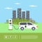 Modern electric smart suv car charging parking at the charger station with a plug in cable. Electrified future transportation e-