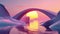 A modern and elegant bridge ting through a tranquil landscape as the sun sets with a vibrant mix of purple pink and