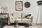 Modern elegant living room interior design with sofa, console, mock up poster frame, lamp and stylish personal accessories.