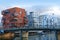 modern elite district of frankfurt, pedestrian bridge, boats and yachts moored on banks Main river, region canals and marina,