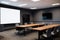 Modern empty meeting room with a large conference table, on the wall Big TV with a screen. Contemporary minimalist design