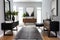 modern entryway with sleek black furniture and gray rug