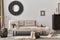 Modern ethnic living room interior with design chaise lounge, round mirror, furniture, carpet, decoration, stool.