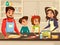 Modern European family cooking at kitchen flat cartoon illustration of family together preparing meal food