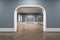 Modern exhibition hall interior with wooden flooring, arch entrance, poster and glass installation. Art and gallery concept. 3D