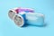 Modern fabric shavers on light blue background