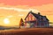 modern farmhouse against sunrise backdrop, magazine style illustration
