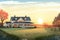 modern farmhouse against sunrise backdrop, magazine style illustration