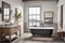 modern farmhouse bathroom with clawfoot tub and rustic wooden vanity