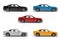 Modern fast city cars in black, white, red, yellow and blue