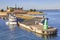 Modern ferry boat at pier, Kronborg castle at backgroung, Danmark, Europe