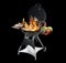 Modern flaming barbecue grill with tasty food on background