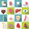 Modern flat icons set with long shadow effect in stylish colors of human organs. Set of human internal organs including bra