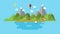 Modern flat vector landscape illustration . with house boat and hills . holiday coast scenery background