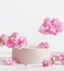 Modern floral product display with podium, flying pink flowers at white background. Scene stage showcase. Front view with copy