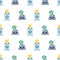 Modern forget-me-not and daffodil flowers in aztec style pots. Seamless vector pattern. Hand drawn blue and yellow