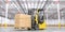 Modern forklift with cardboard boxes on a blurred warehouse background. 3d