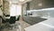 Modern fully fitted kitchen with kitchen appliances in grey green and white