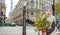 Modern funny child with Christmas tree in Paris, France