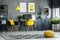 Modern furniture and yellow accents