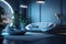 Modern and futuristic apartment interior house room and furniture with lights effects