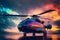 Modern futuristic army helicopter transport in city center. Neural network generated art