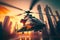 Modern futuristic army helicopter transport in city center. Neural network generated art