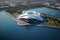 Modern futuristic concert hall, ocean academia, fluid organic forms, AI generative aerial shot