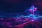 Modern futuristic Easter concept. digital representation of cross with neon pink and blue lighting effects. Backdrop of wireframe