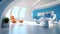 Modern futuristic interior office design with warm tones of blue. Futuristic conference room interior. Workplace and corporate