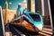 Modern futuristic passenger train in city center. Neural network generated art