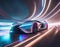 Modern futuristic silver car speeding in a tunnel.