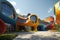 modern, futuristic-style kindergarten exterior, designed to blend into its natural surroundings and offer a visually