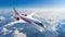 Modern futuristic supersonic passenger jet over clouds