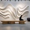 A modern gallery space with 3D sculptural wall installations