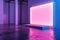 Modern gallery space with a minimalist pink neon-lit frame on a platform, casting a vibrant glow on the floor, with